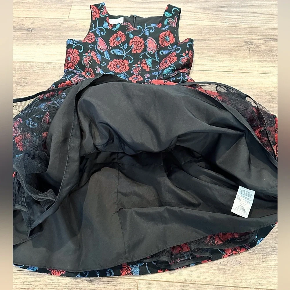 Pippa and Julie Girls 12 Black and Red Floral Brocade Dress